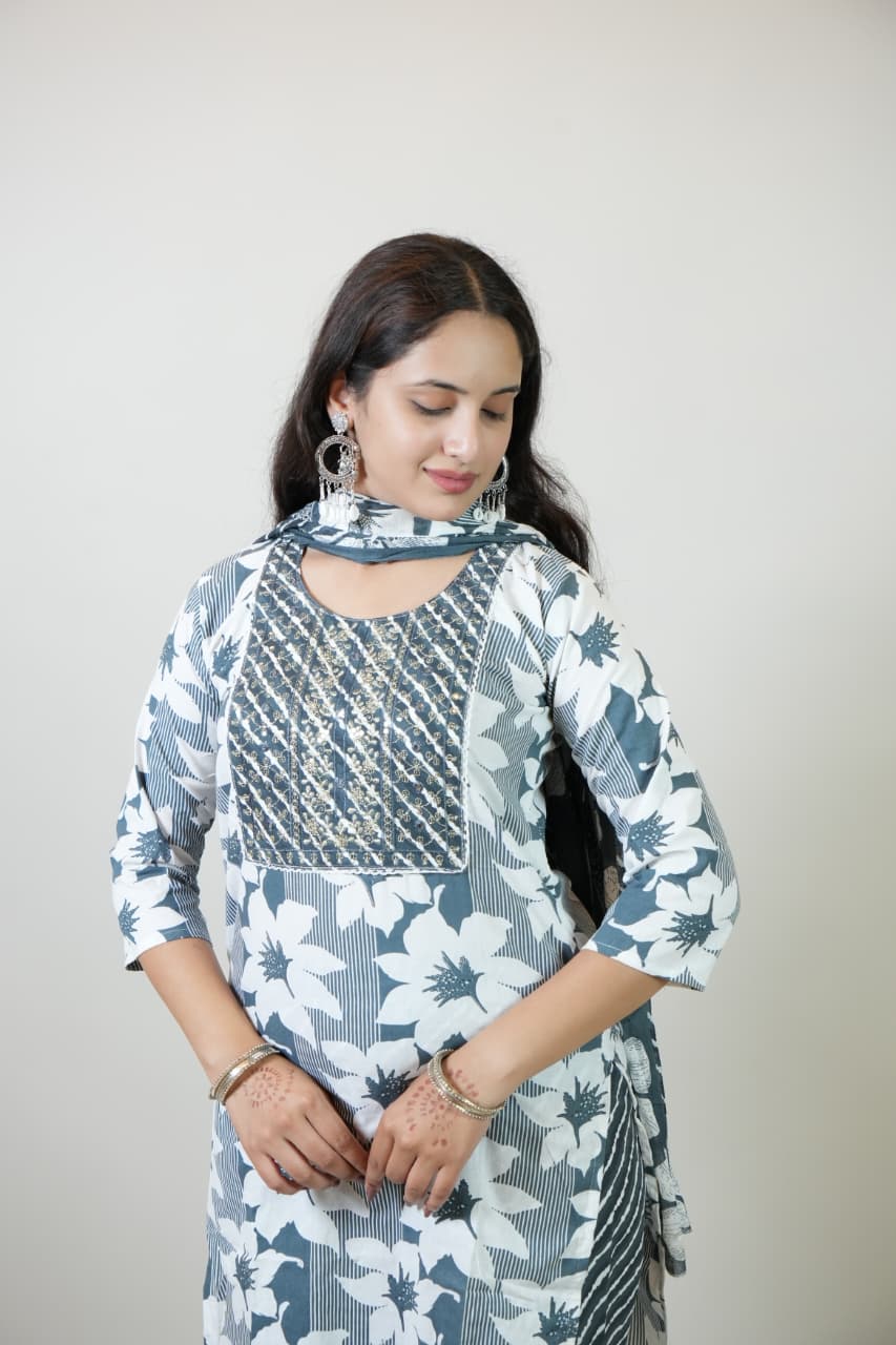 Women’s Blue & White Floral Printed Cotton Kurta Set with Pant & Dupatta