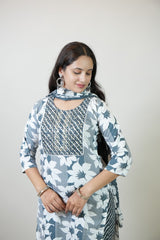 Women’s Blue & White Floral Printed Cotton Kurta Set with Pant & Dupatta