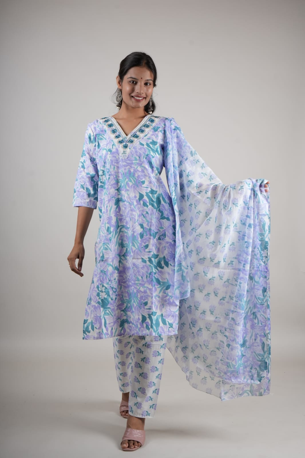 Women’s Lavender Floral Cotton Kurta Set with Pant & Dupatta