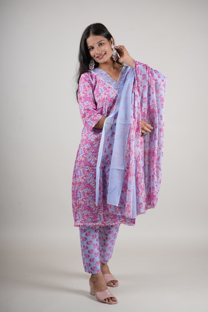 Women’s Pink & Blue Floral Cotton Kurta Set with Pant & Dupatta