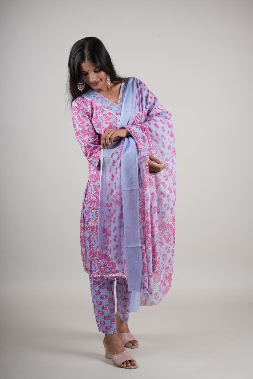 Women’s Pink & Blue Floral Cotton Kurta Set with Pant & Dupatta
