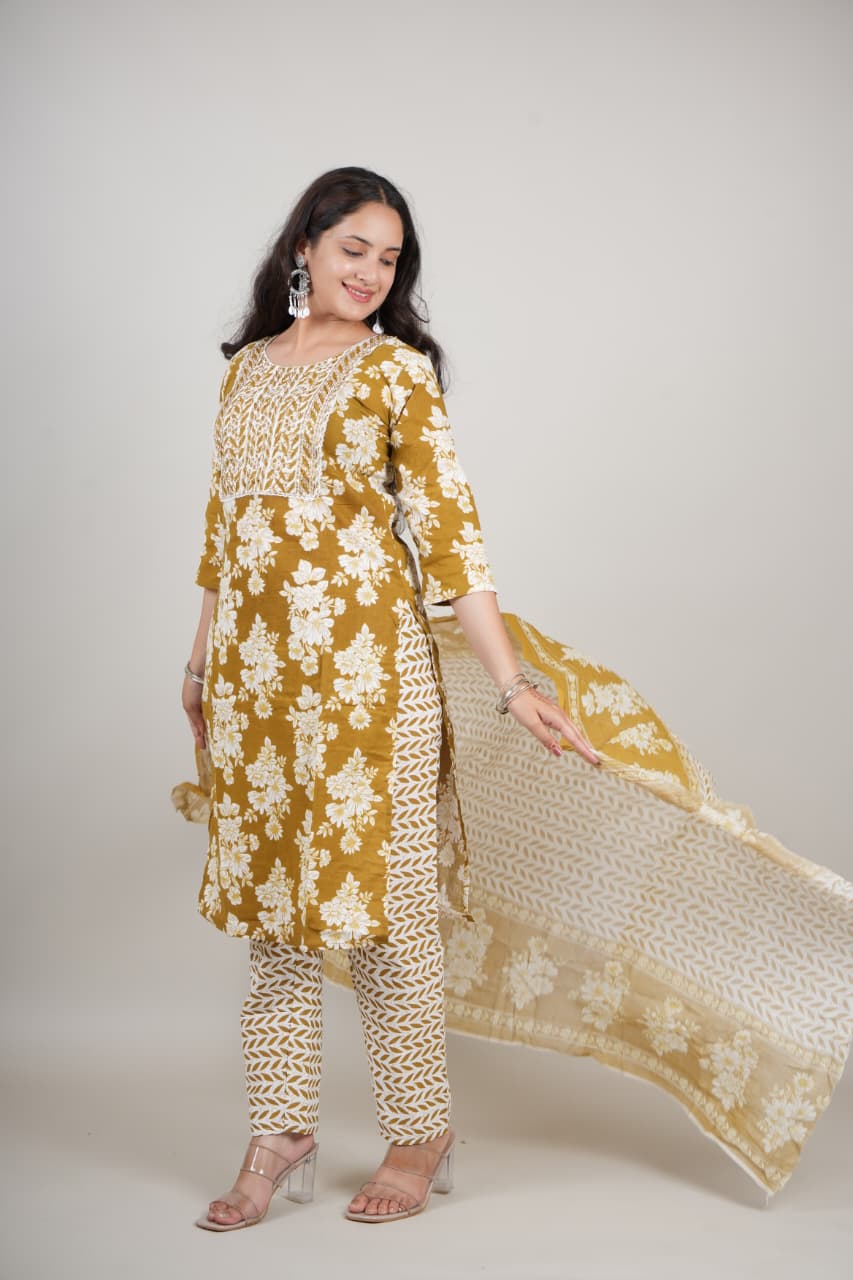 Women’s Mustard Yellow Floral Printed Cotton Kurta Set with Pant & Dupatta