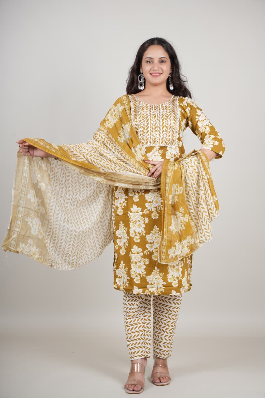 Women’s Mustard Yellow Floral Printed Cotton Kurta Set with Pant & Dupatta