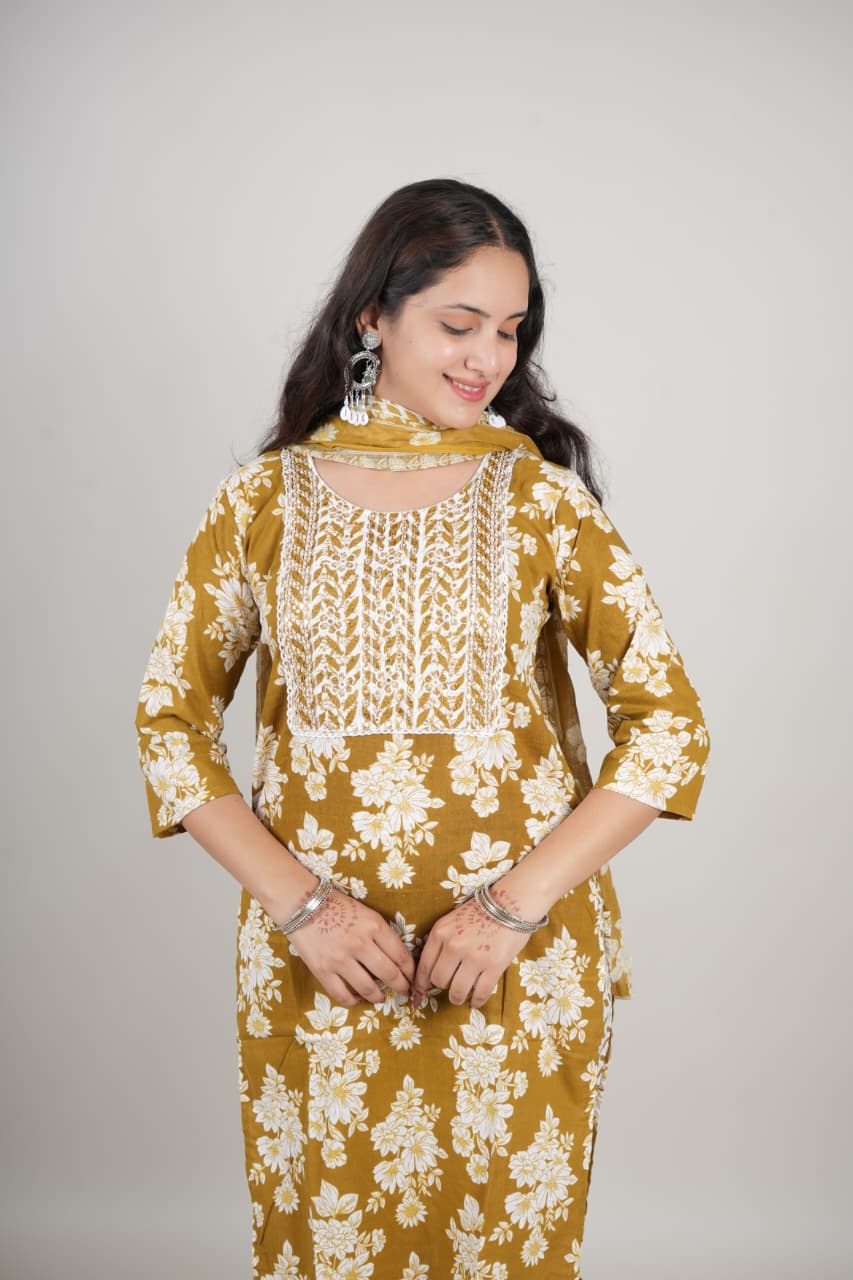 Women’s Mustard Yellow Floral Printed Cotton Kurta Set with Pant & Dupatta