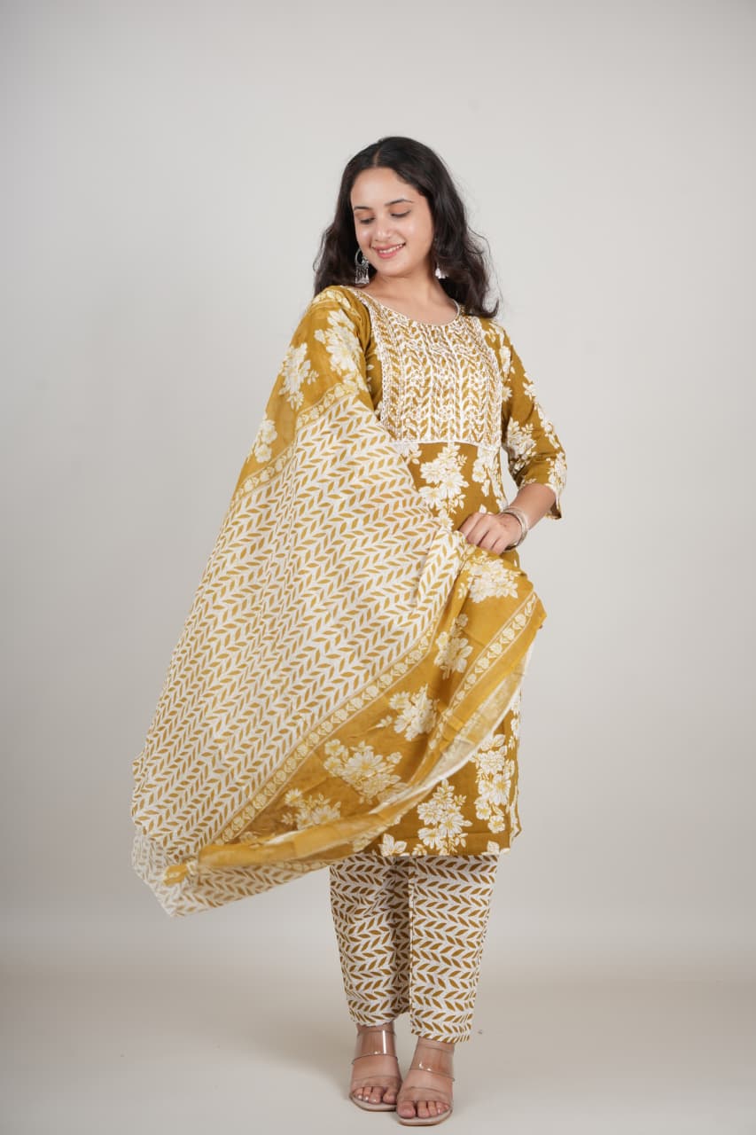 Women’s Mustard Yellow Floral Printed Cotton Kurta Set with Pant & Dupatta