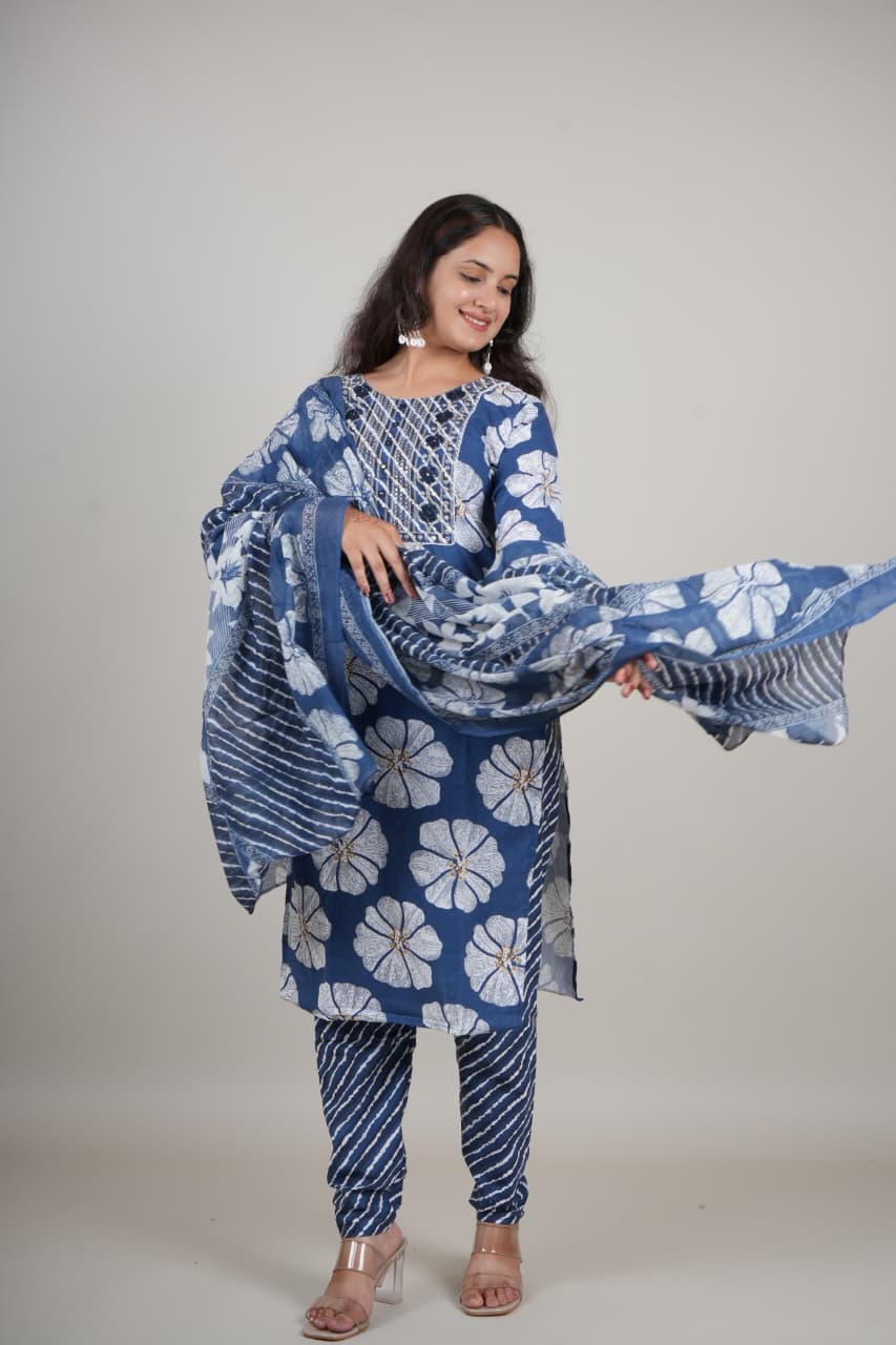 Blue Floral Printed Cotton Kurta Set with Pant & Dupatta