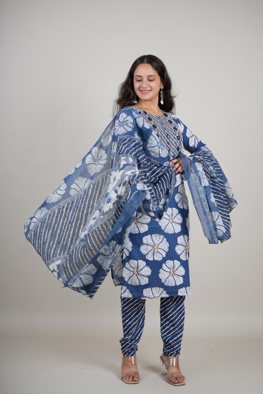 Blue Floral Printed Cotton Kurta Set with Pant & Dupatta