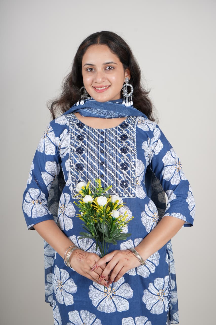 Blue Floral Printed Cotton Kurta Set with Pant & Dupatta