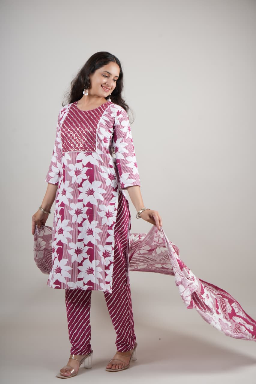 Women’s Pink Floral Printed Cotton Kurta Set with Pant & Dupatta