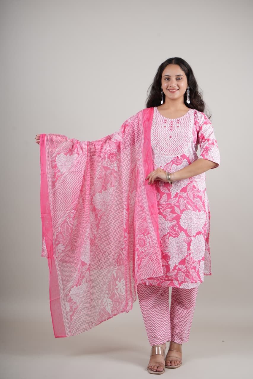 Women’s Light Pink Floral Cotton Kurta Set with Pant & Dupatta