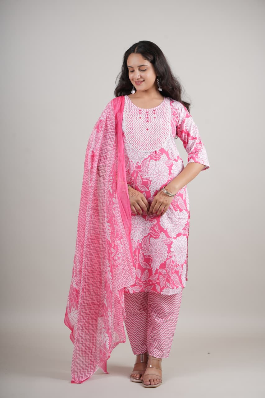Women’s Light Pink Floral Cotton Kurta Set with Pant & Dupatta