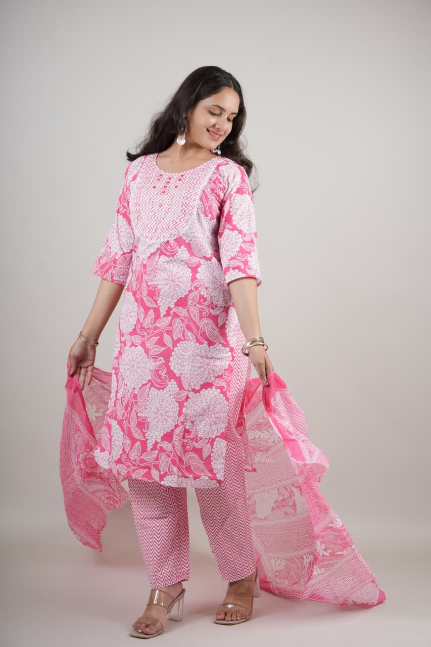 Women’s Light Pink Floral Cotton Kurta Set with Pant & Dupatta