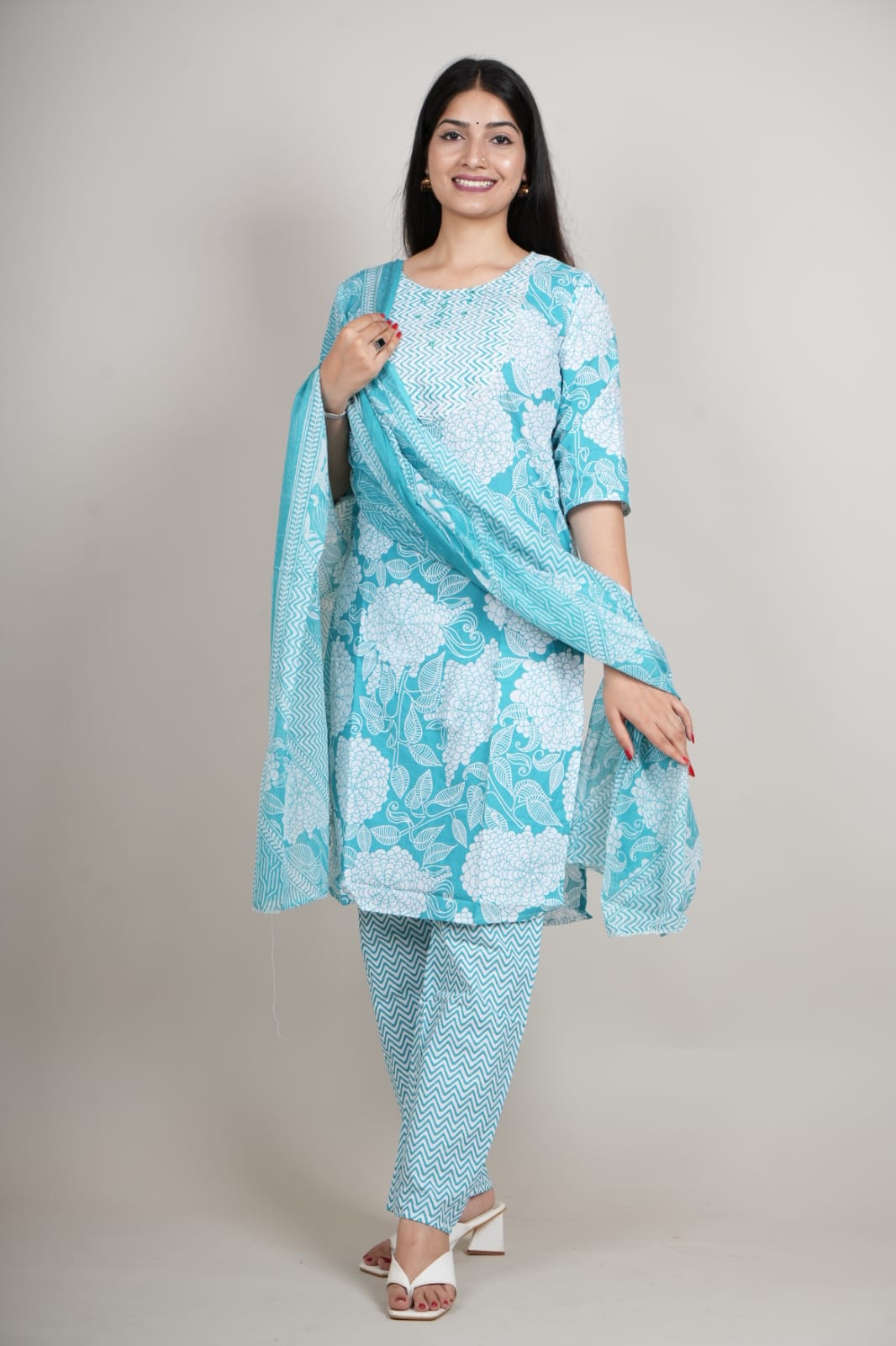Women’s Aqua Blue Floral Cotton Kurta Set with Pant & Dupatta