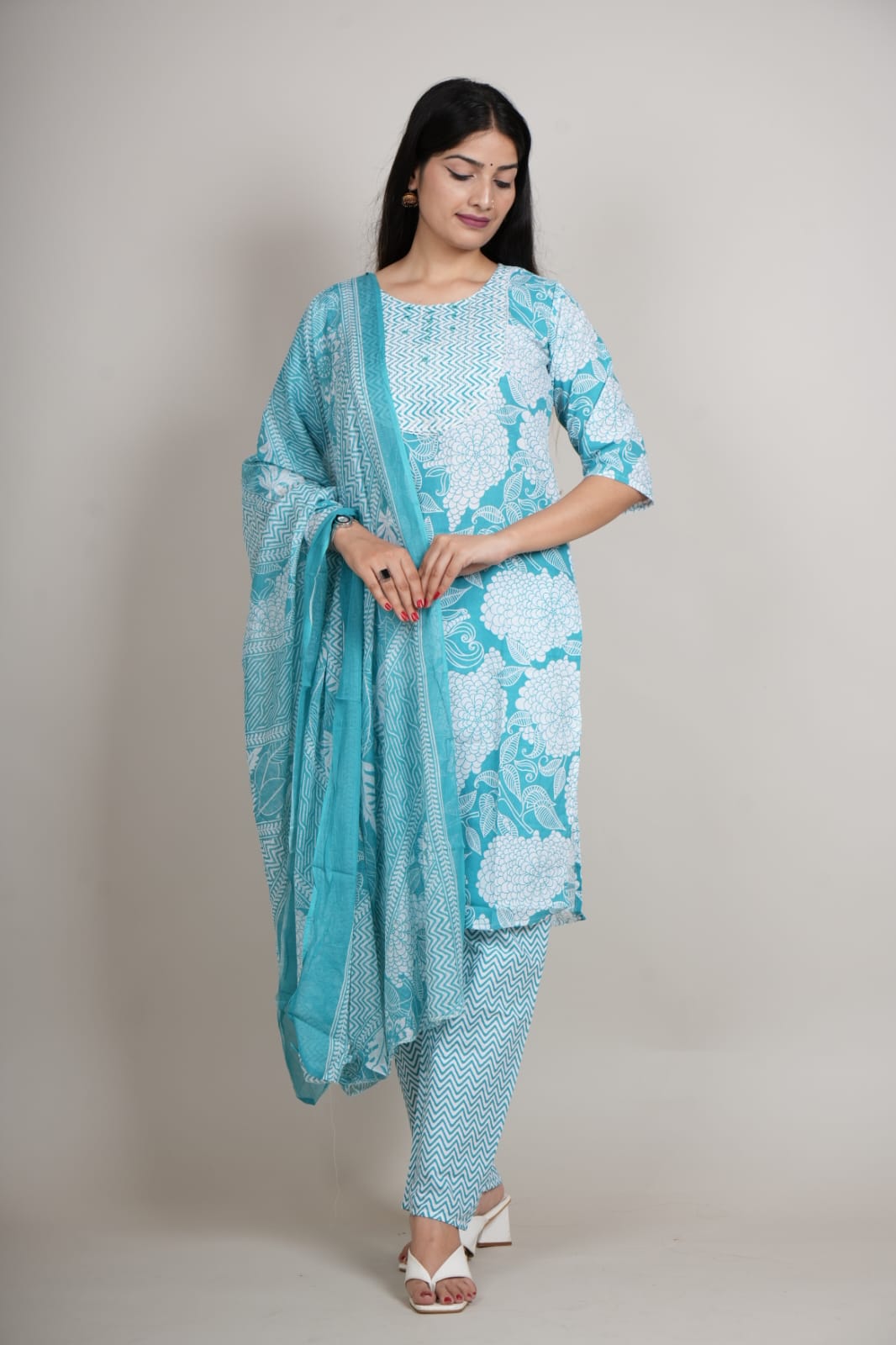 Women’s Aqua Blue Floral Cotton Kurta Set with Pant & Dupatta