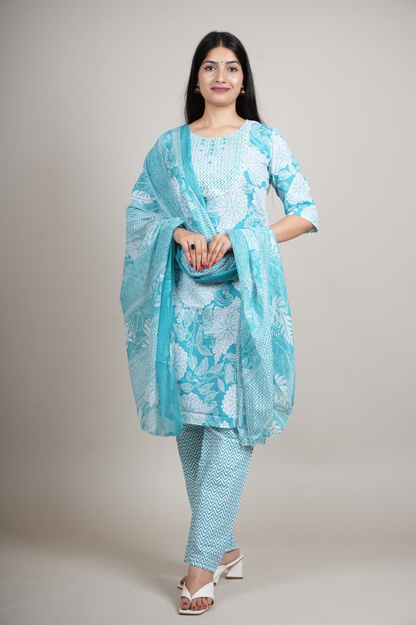 Women’s Aqua Blue Floral Cotton Kurta Set with Pant & Dupatta