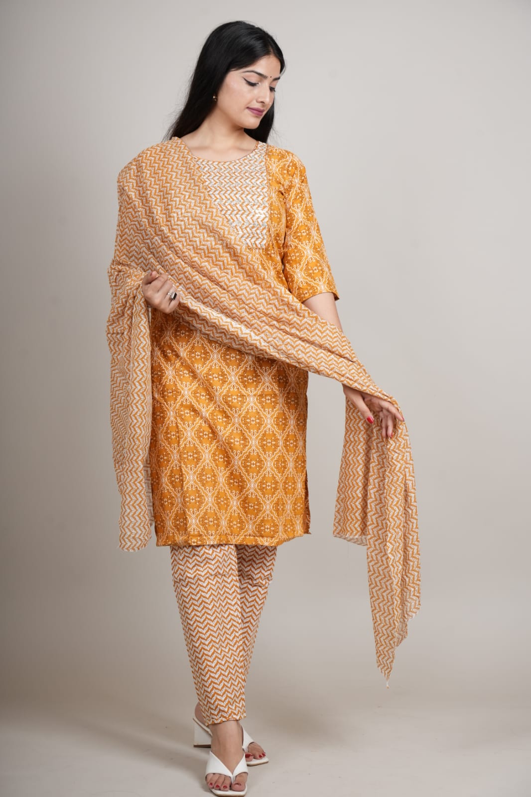 Mustard Yellow Cotton Printed Kurta Pant with Dupatta Set for Women