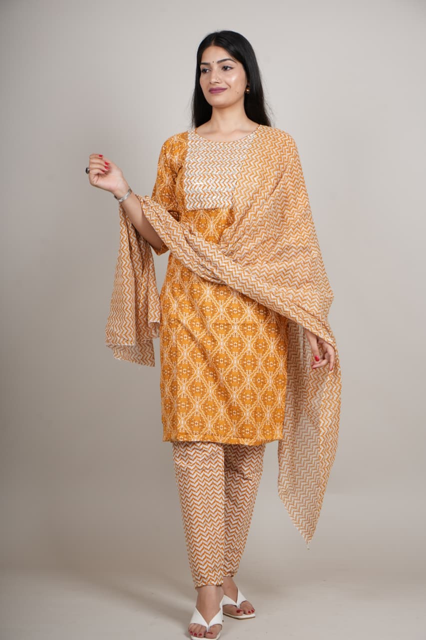 Mustard Yellow Cotton Printed Kurta Pant with Dupatta Set for Women