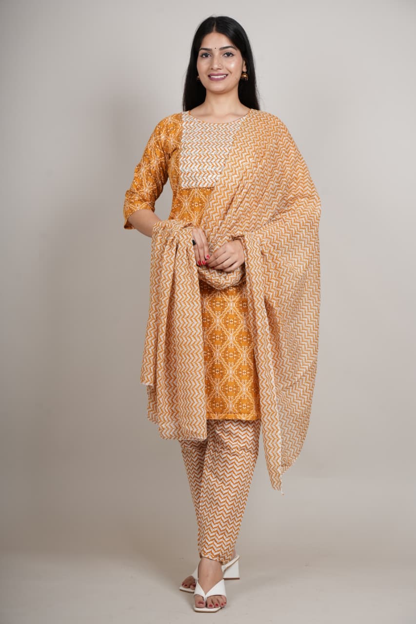Mustard Yellow Cotton Printed Kurta Pant with Dupatta Set for Women