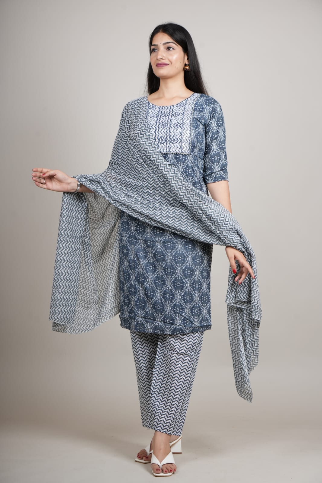 Blue Cotton Printed Kurta Pant with Dupatta Set for Women