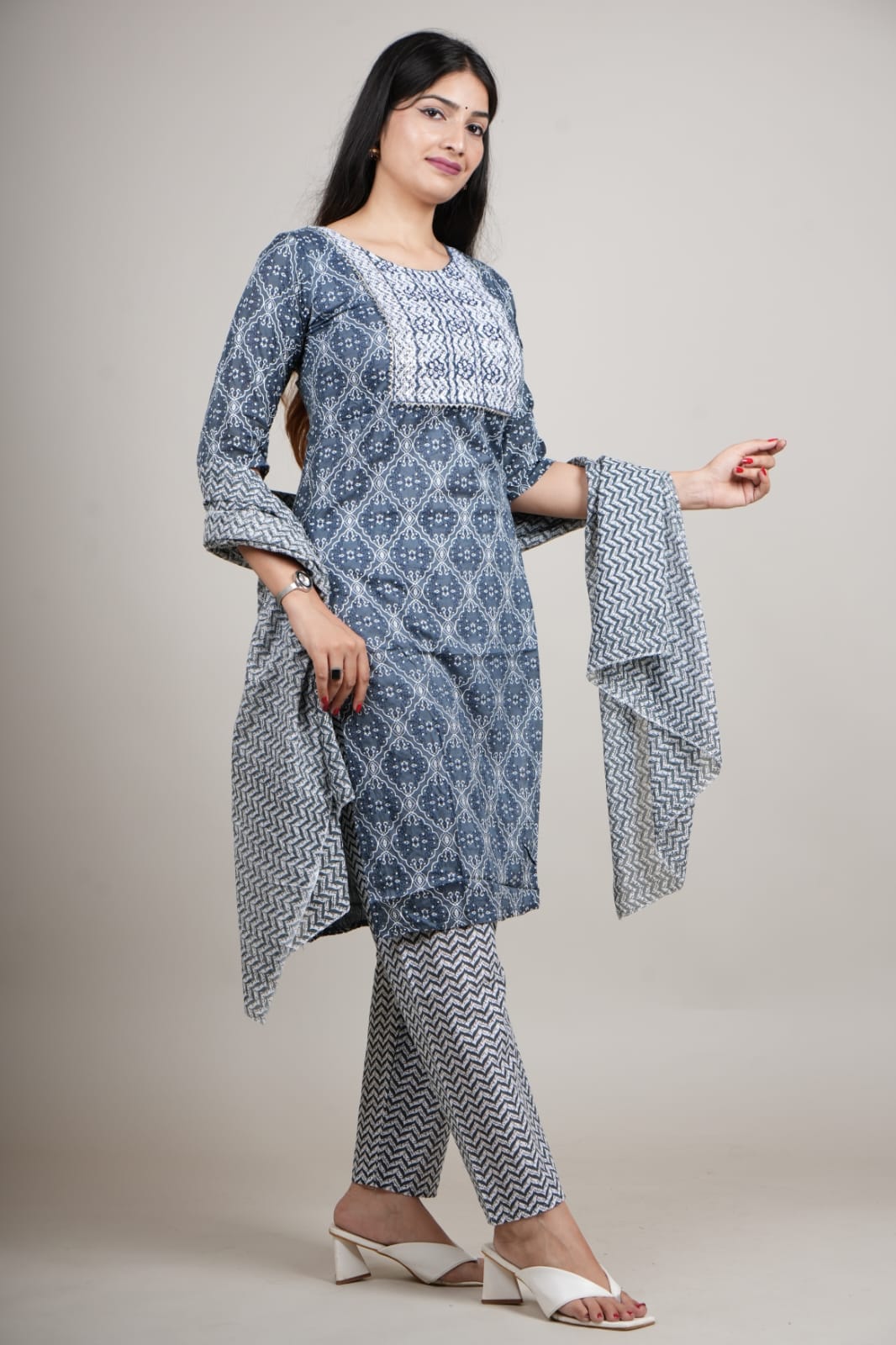 Blue Cotton Printed Kurta Pant with Dupatta Set for Women