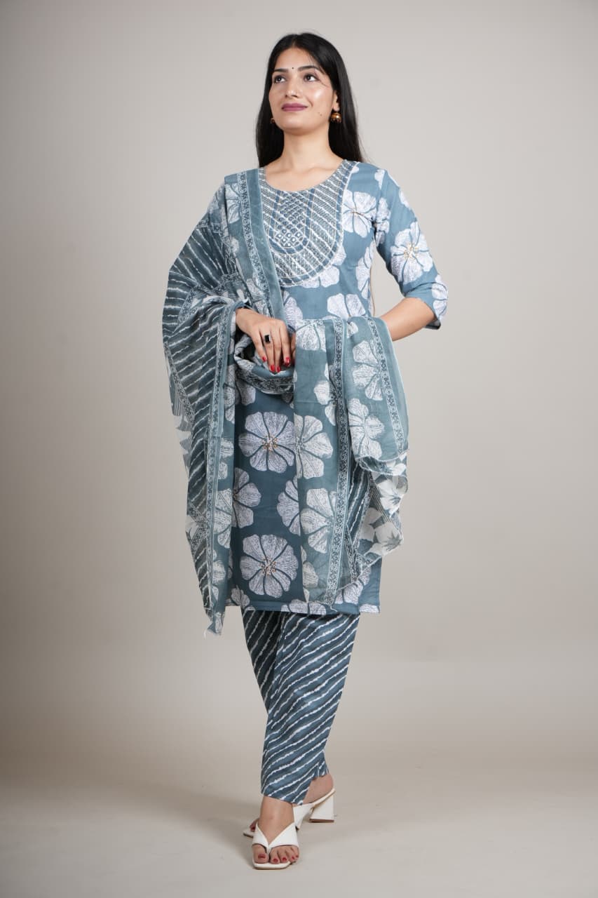 Blue Cotton Floral Printed Kurta Pant with Dupatta Set for Women