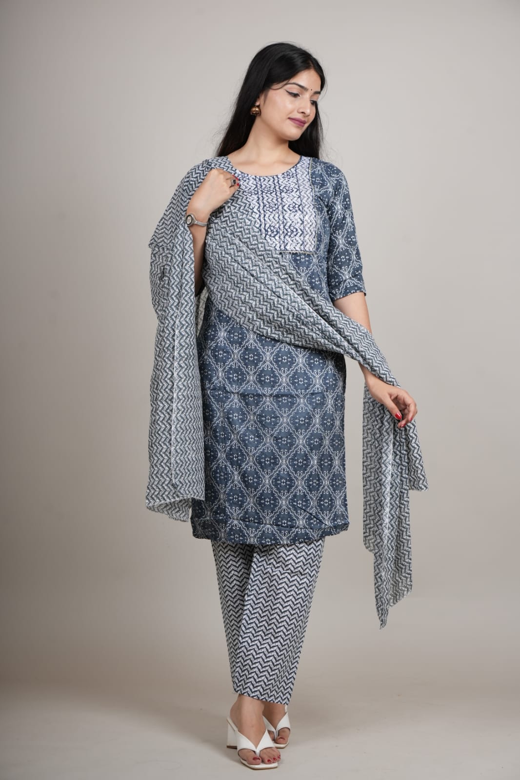 Blue Cotton Printed Kurta Pant with Dupatta Set for Women