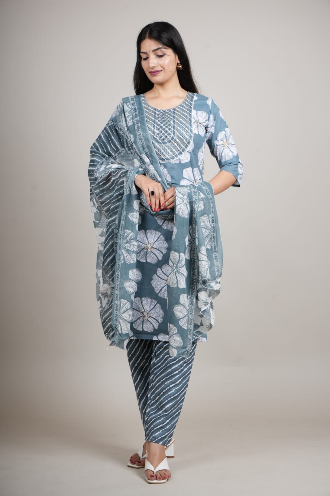 Blue Cotton Floral Printed Kurta Pant with Dupatta Set for Women