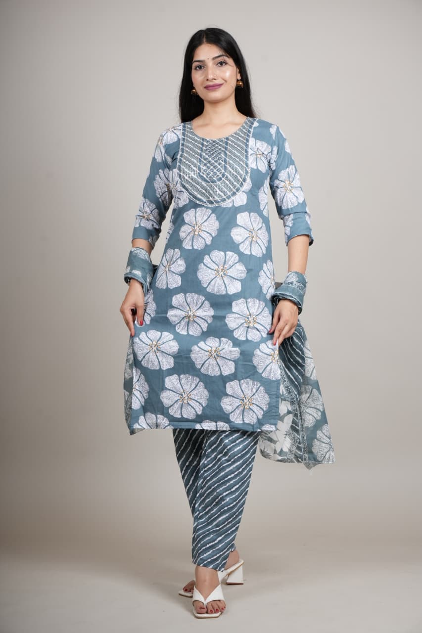 Blue Cotton Floral Printed Kurta Pant with Dupatta Set for Women