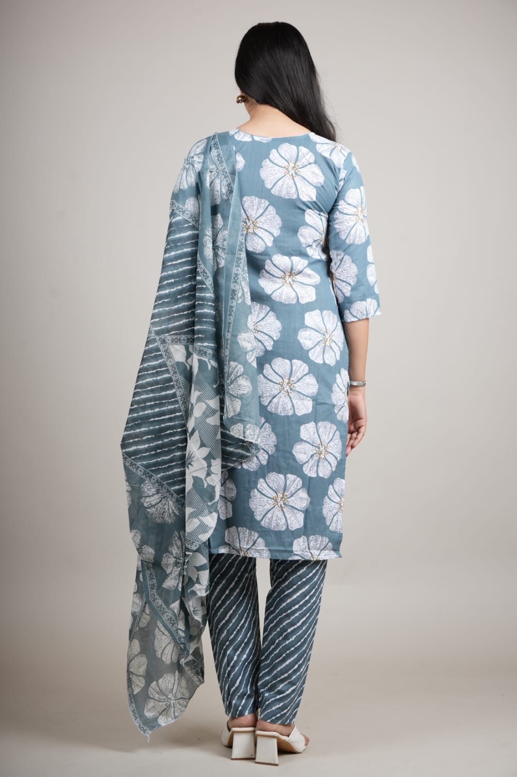 Blue Cotton Floral Printed Kurta Pant with Dupatta Set for Women