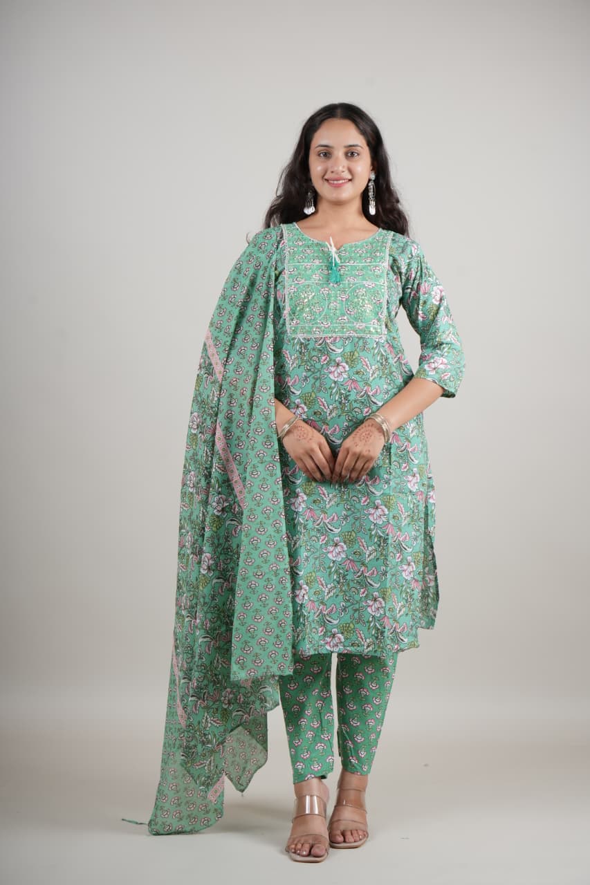 Women’s Green Floral Cotton Kurta Set with Pant & Dupatta