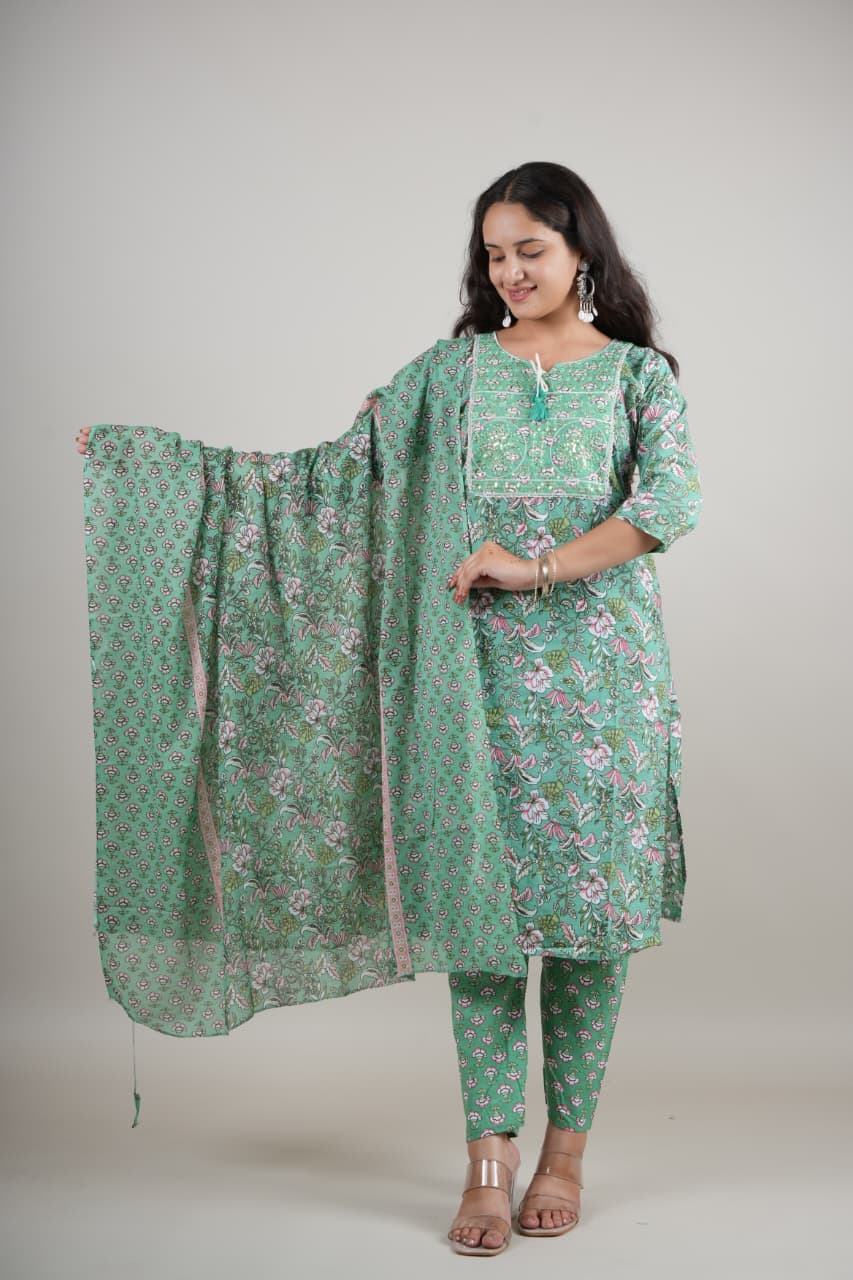 Women’s Green Floral Cotton Kurta Set with Pant & Dupatta