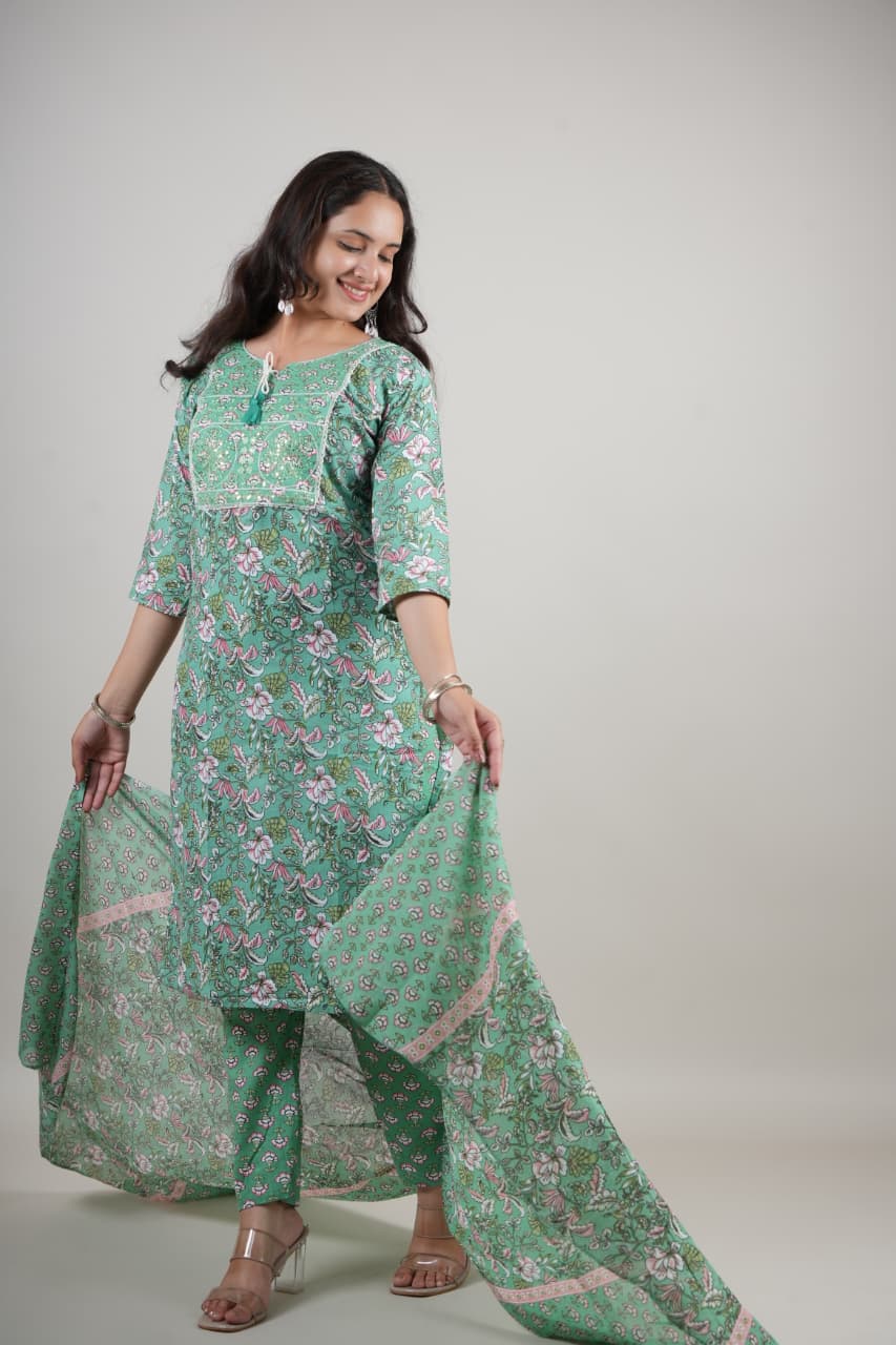 Women’s Green Floral Cotton Kurta Set with Pant & Dupatta