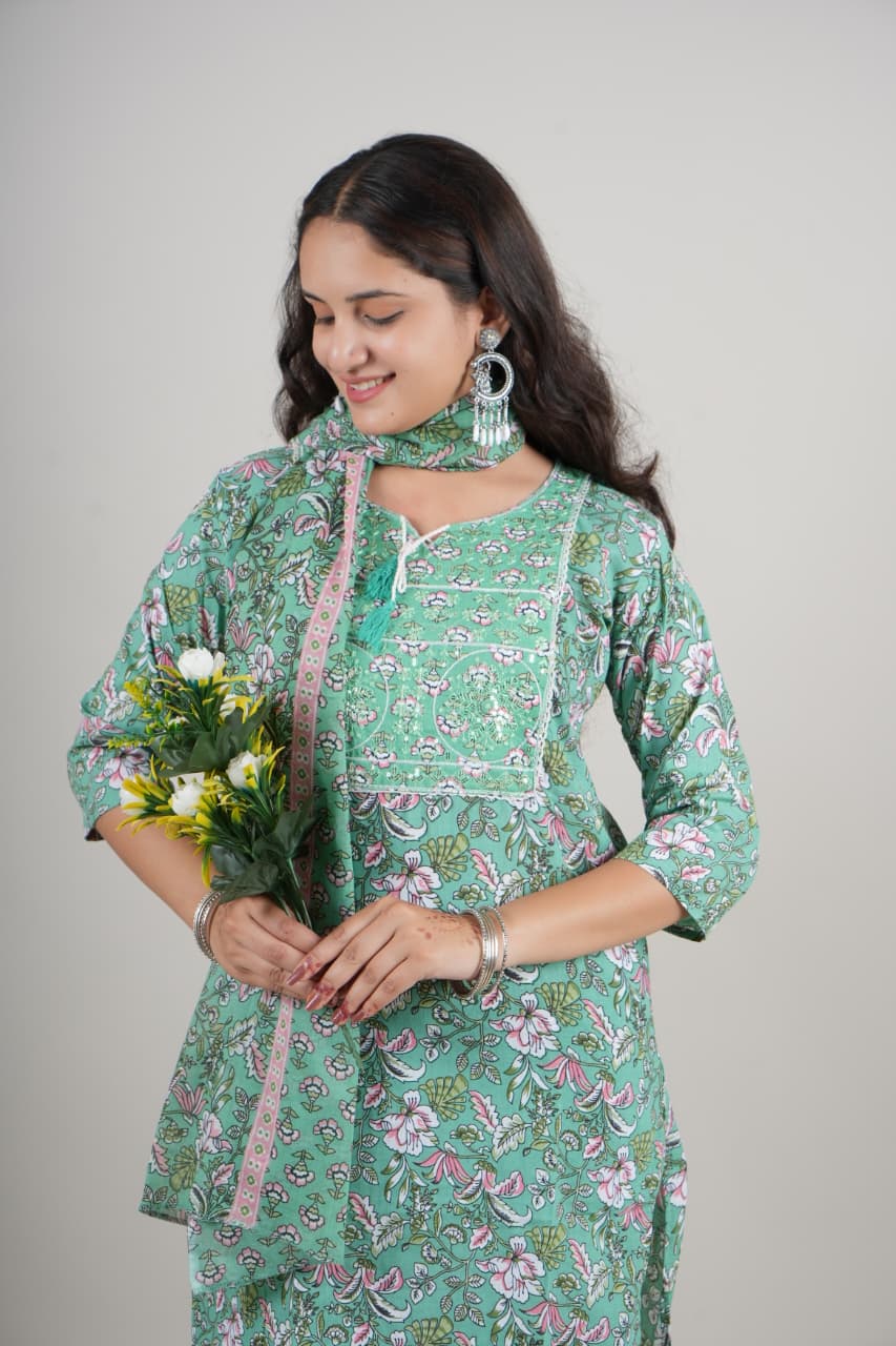 Women’s Green Floral Cotton Kurta Set with Pant & Dupatta