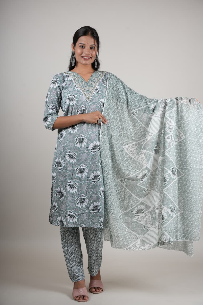 Women’s Green Floral Cotton Kurta Set with Pant & Dupatta