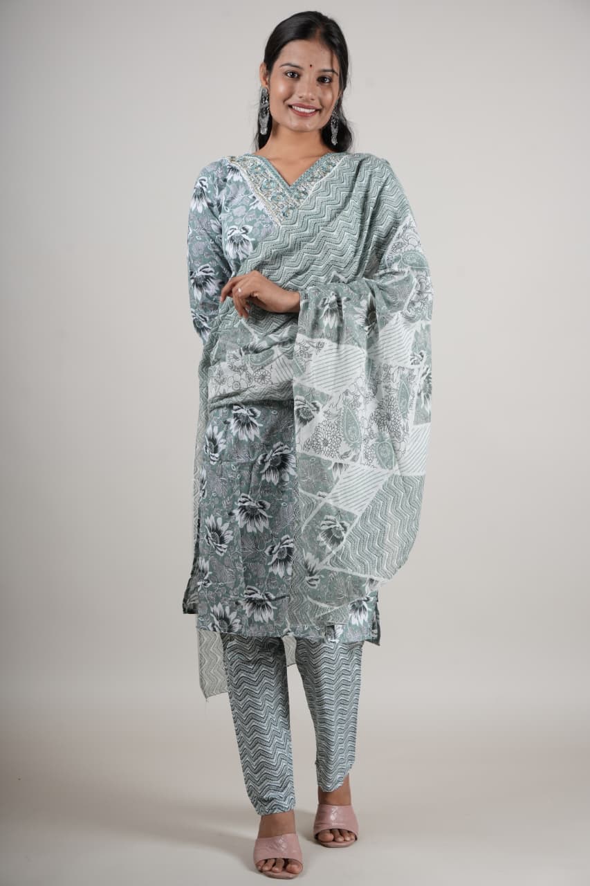 Women’s Green Floral Cotton Kurta Set with Pant & Dupatta