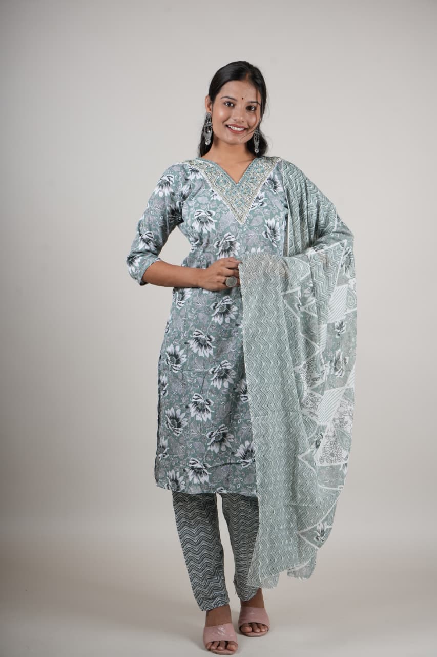 Women’s Green Floral Cotton Kurta Set with Pant & Dupatta