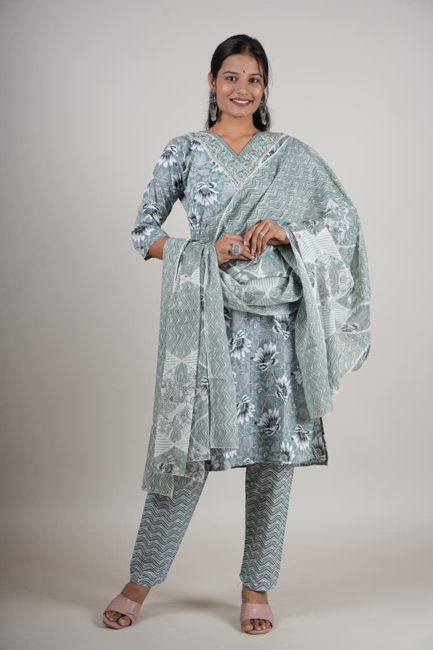Women’s Green Floral Cotton Kurta Set with Pant & Dupatta