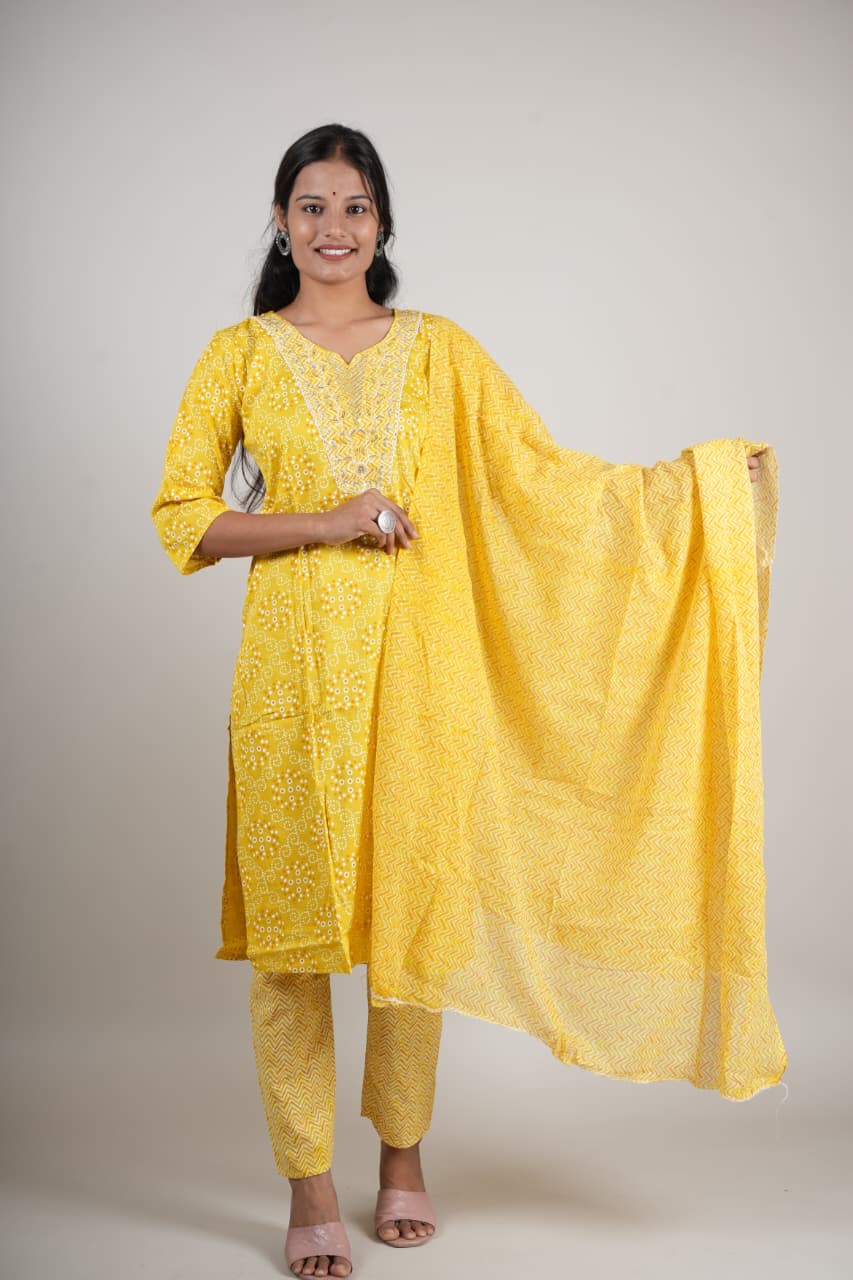 Women’s Yellow Cotton Printed Kurta Set with Pant & Dupatta