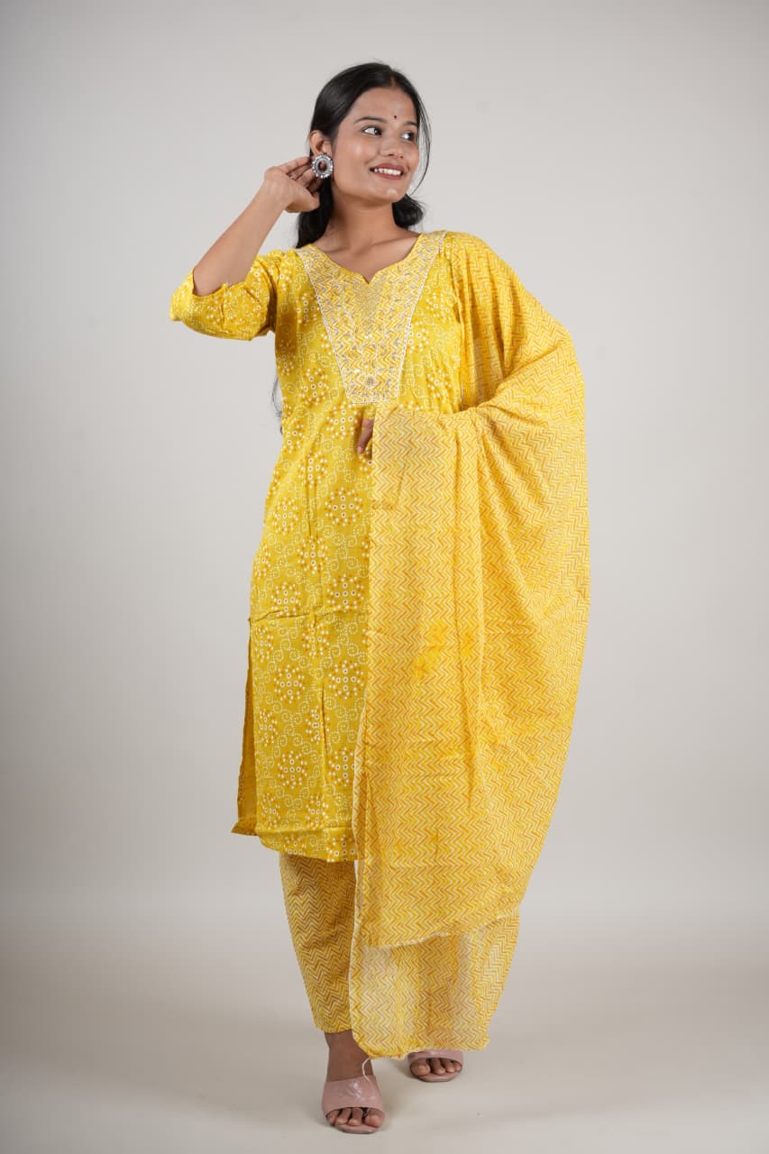 Women’s Yellow Cotton Printed Kurta Set with Pant & Dupatta