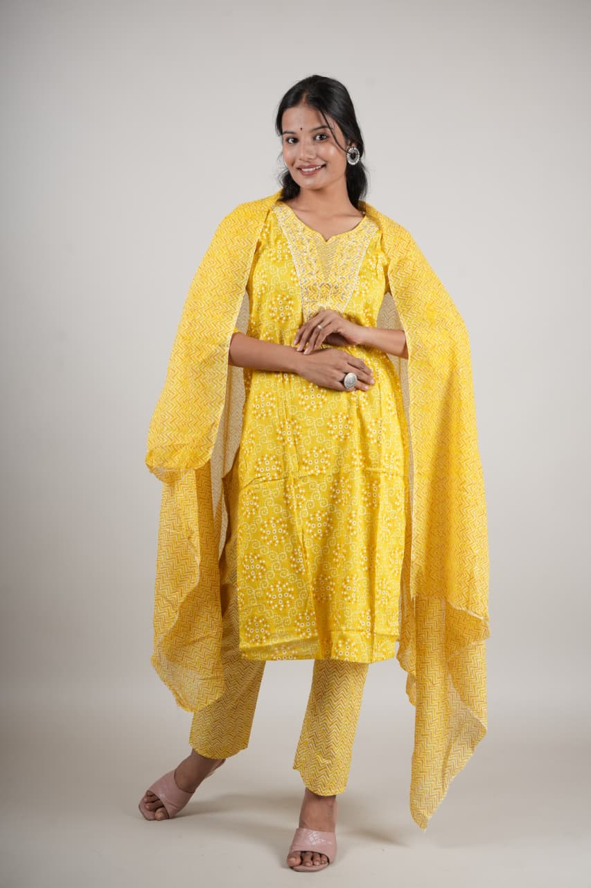 Women’s Yellow Cotton Printed Kurta Set with Pant & Dupatta