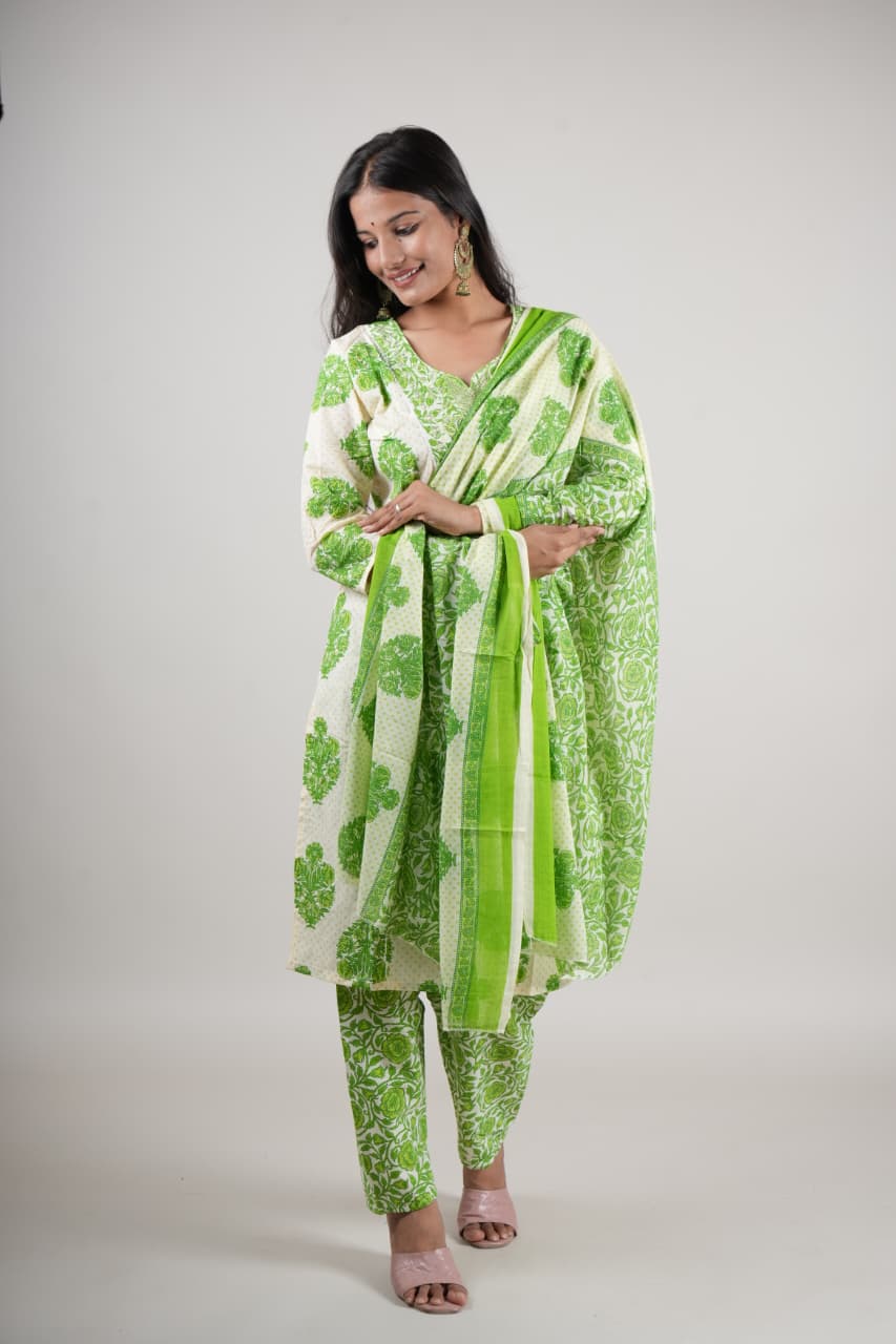 Women’s Green Printed Cotton Kurta Set with Pant & Dupatta