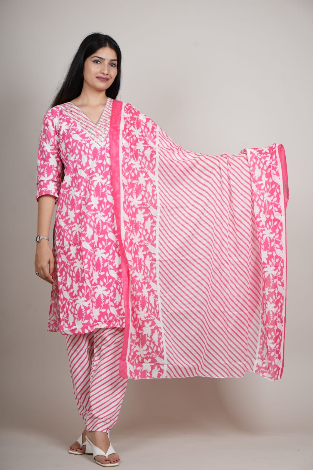 Women’s Pink Floral Cotton Kurta Set with Pant & Dupatta