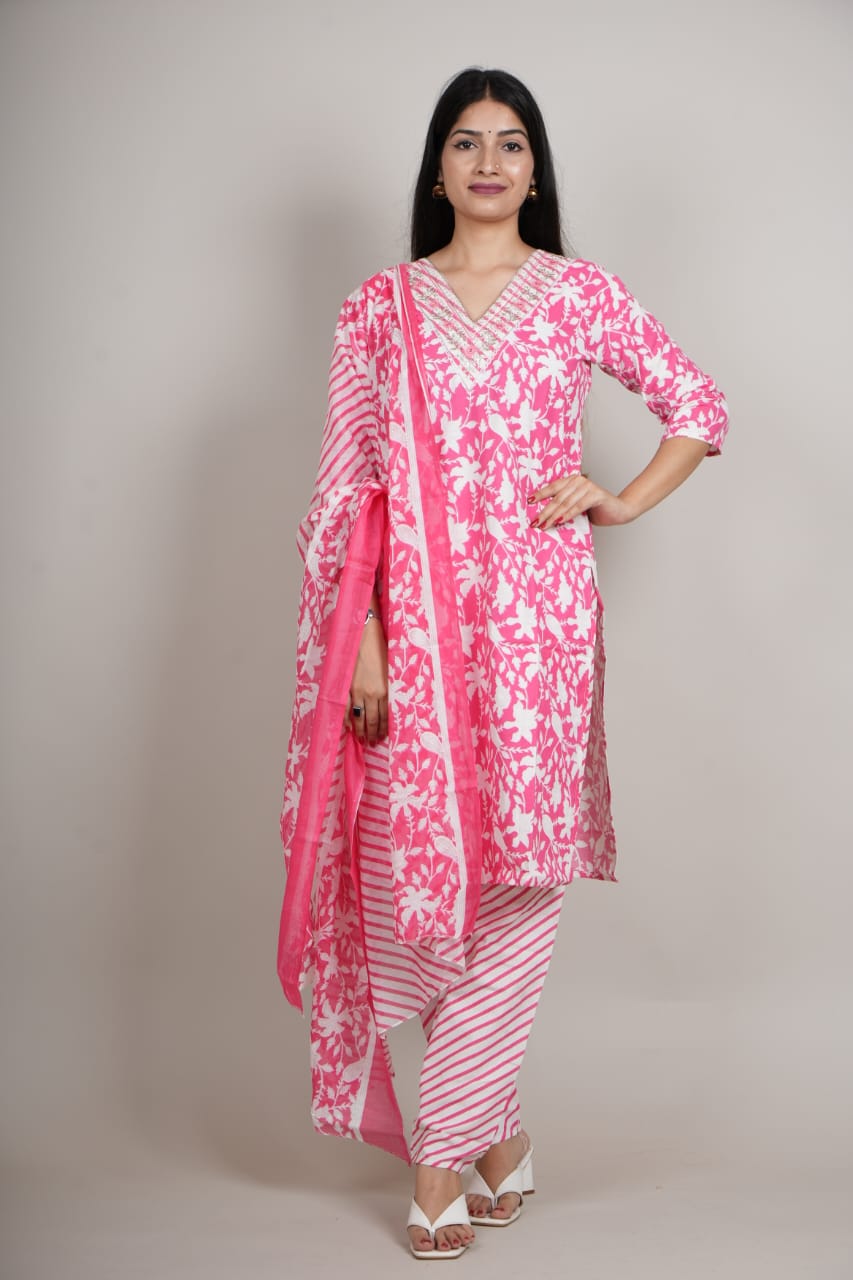 Women’s Pink Floral Cotton Kurta Set with Pant & Dupatta