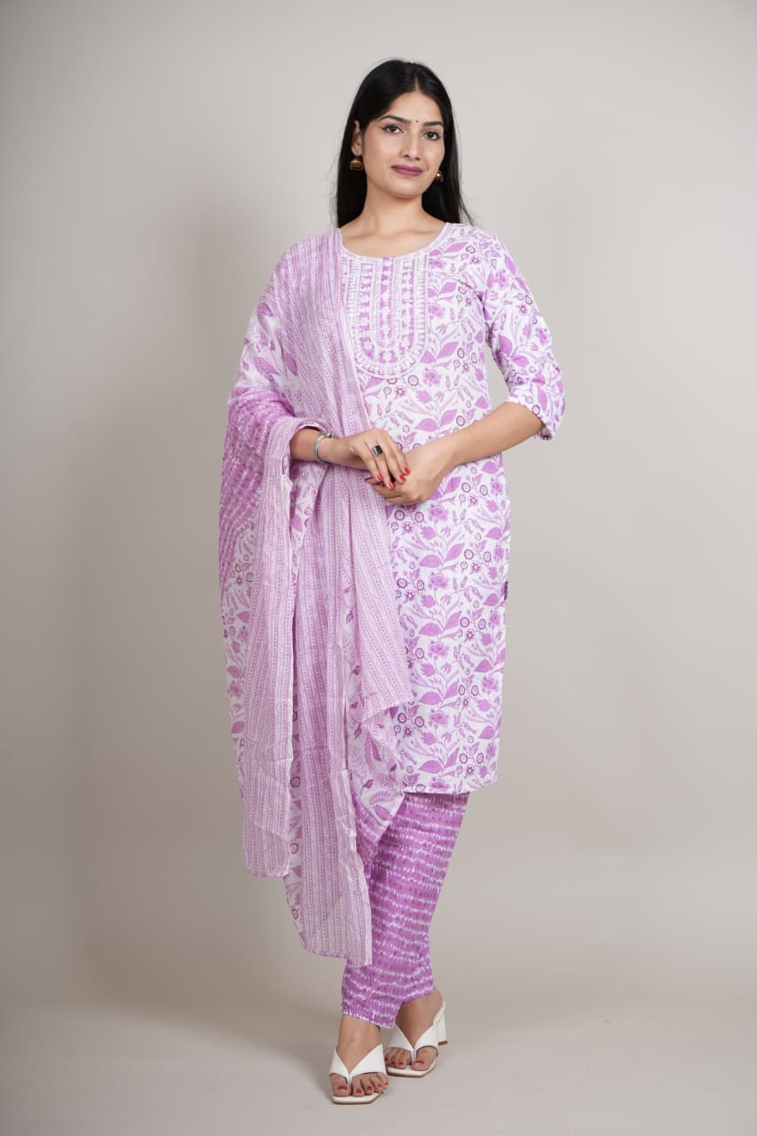 Women’s Lavender Floral Cotton Kurta Set with Pant & Dupatta