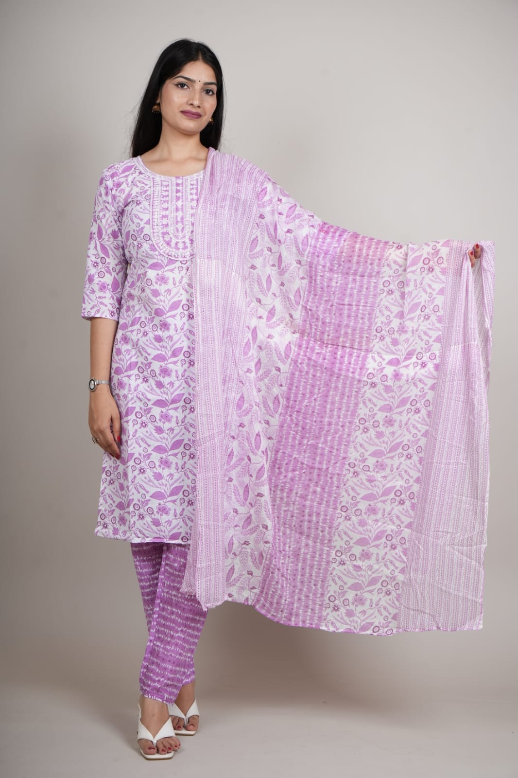 Women’s Lavender Floral Cotton Kurta Set with Pant & Dupatta
