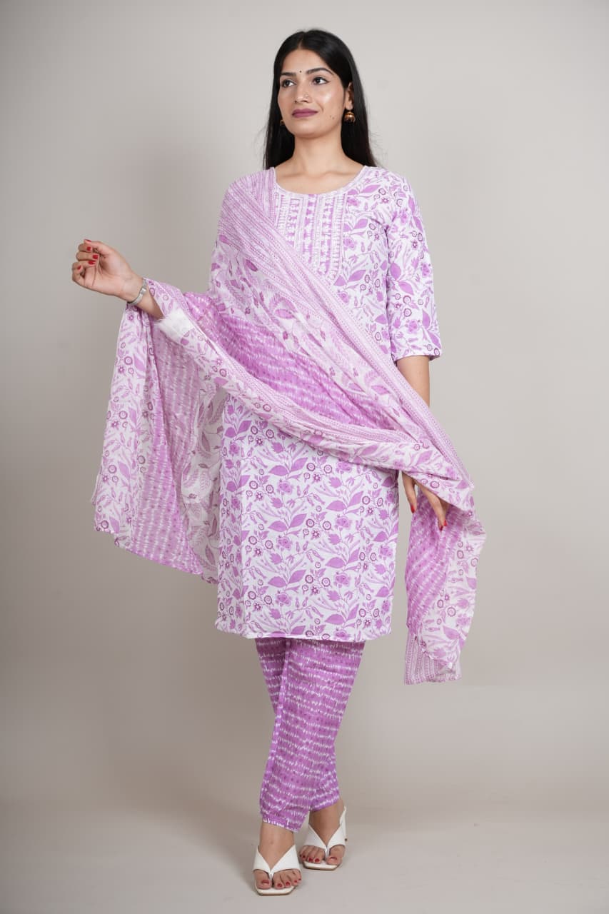 Women’s Lavender Floral Cotton Kurta Set with Pant & Dupatta