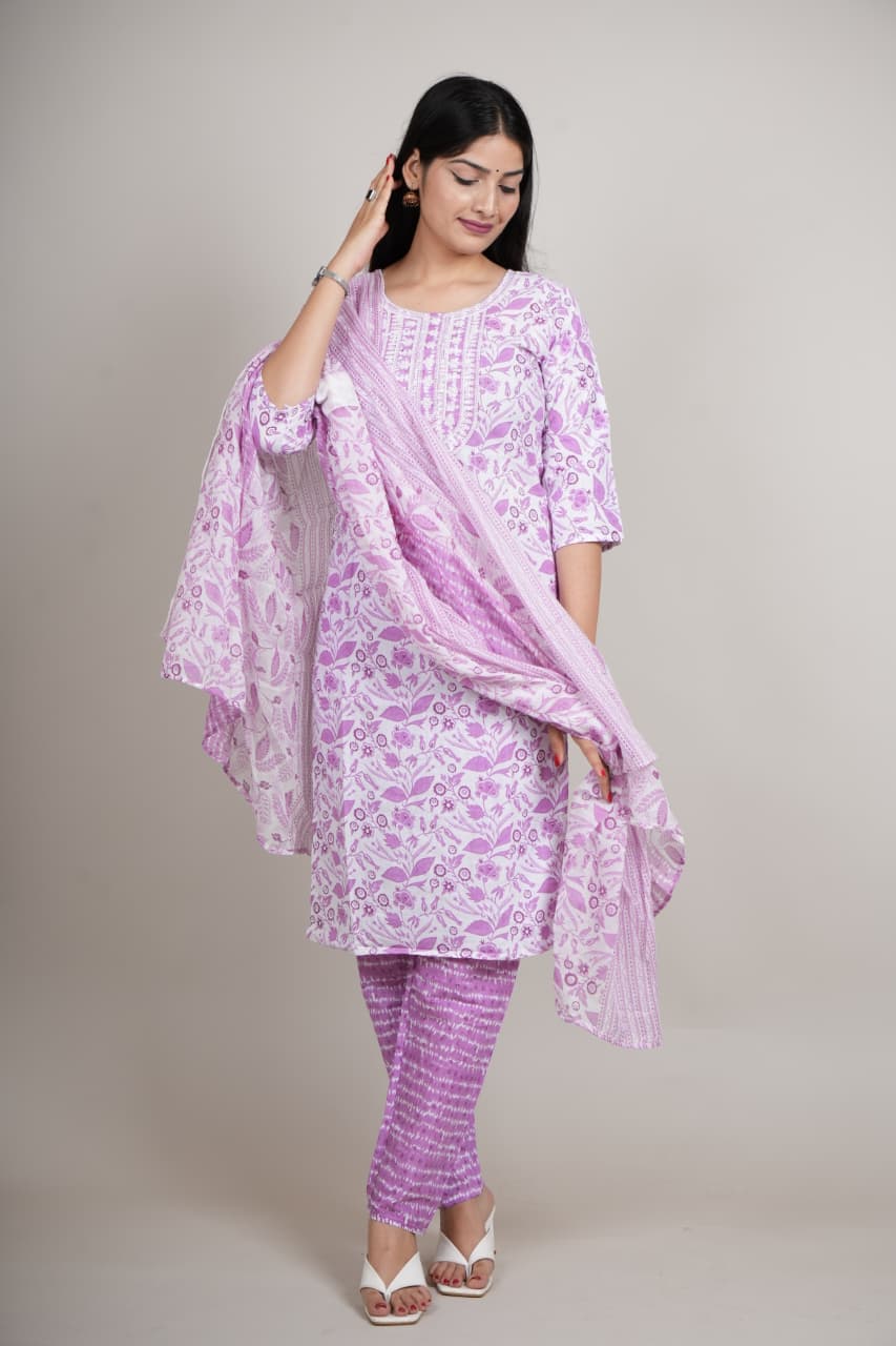 Women’s Lavender Floral Cotton Kurta Set with Pant & Dupatta