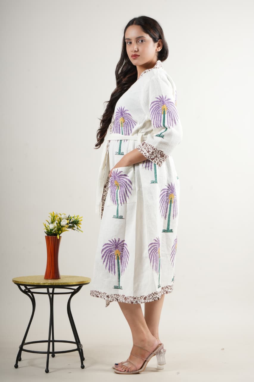 Stylish White Cotton Handblock Printed Long Robe with Belt – Casual & Loungewear Shrug for Women