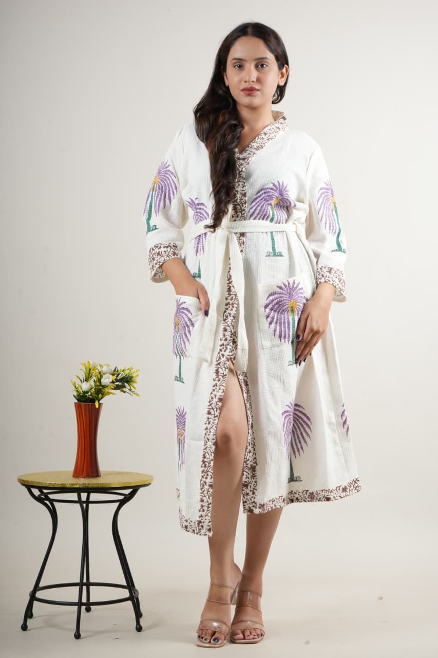 Stylish White Cotton Handblock Printed Long Robe with Belt – Casual & Loungewear Shrug for Women