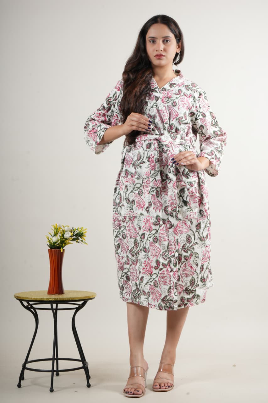 Elegant White Cotton Handblock Printed Long Robe with Floral Design & Waist Belt for Women